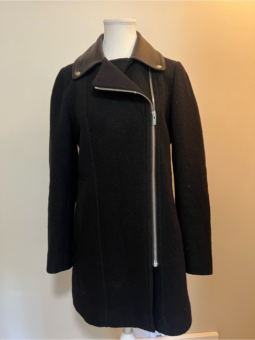 Club Monaco Black Wool Pea Coat with Leather Collar